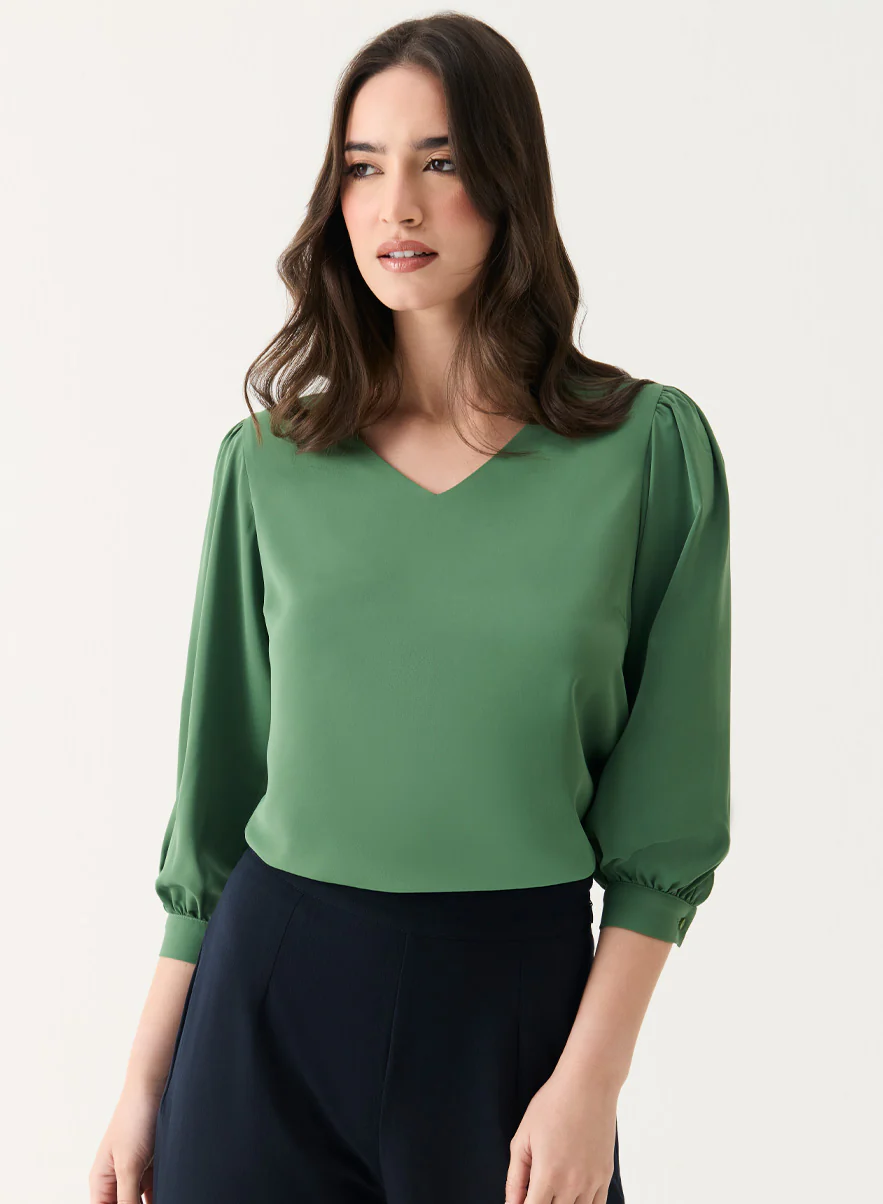 Fern-Green V Neck Long Chiffon Top - Image 3