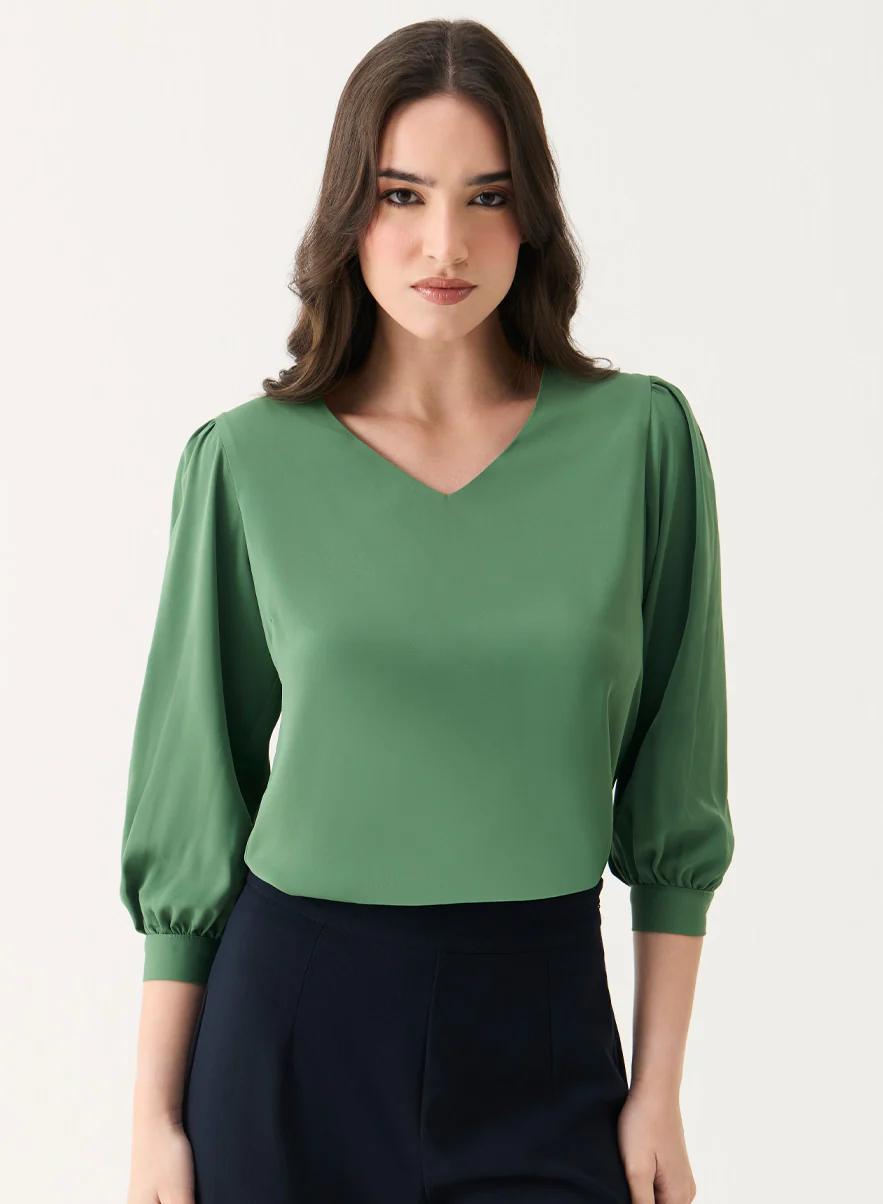 Fern-Green V Neck Long Chiffon Top - Image 5