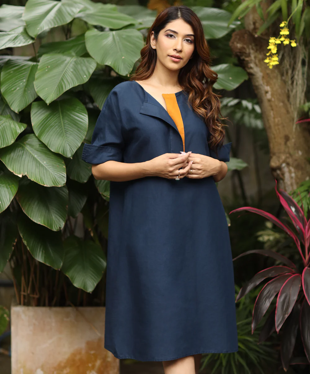 Flap Detailed Linen Shift Dress