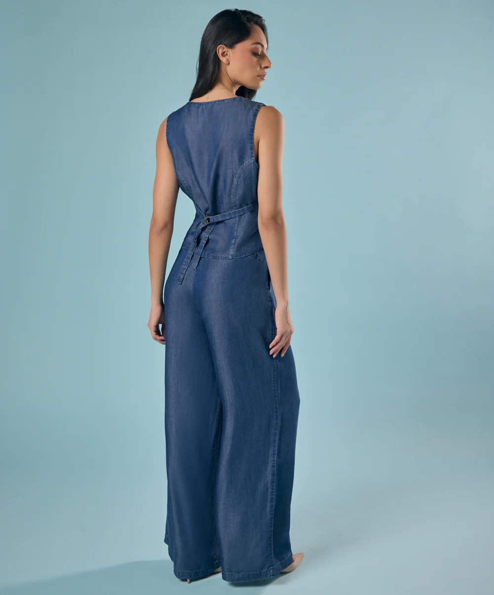 Flared Leg Washed Tencel Dark Blue Pant - Image 4
