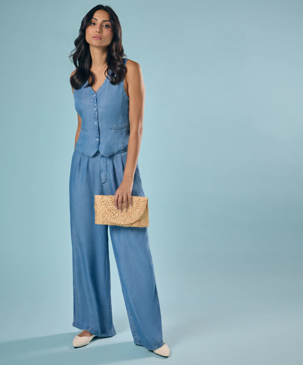 Flared Leg Washed Tencel Light Blue Pant - Image 2
