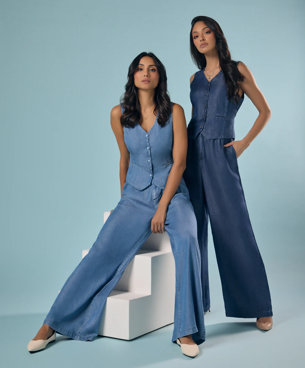 Flared Leg Washed Tencel Dark Blue Pant - Image 7