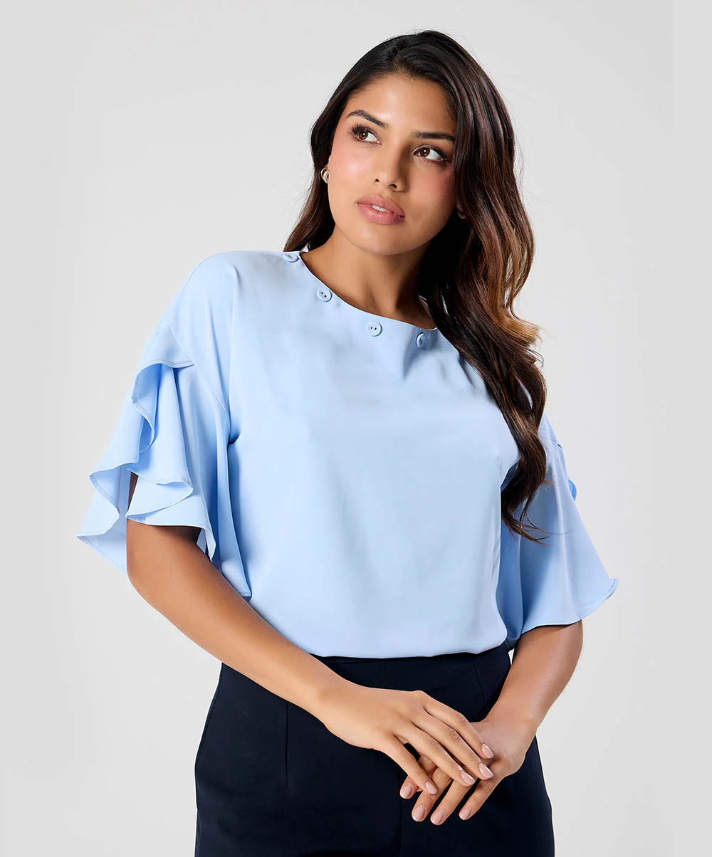 Flared Sleeve Chiffon Top-Light Blue - Image 2