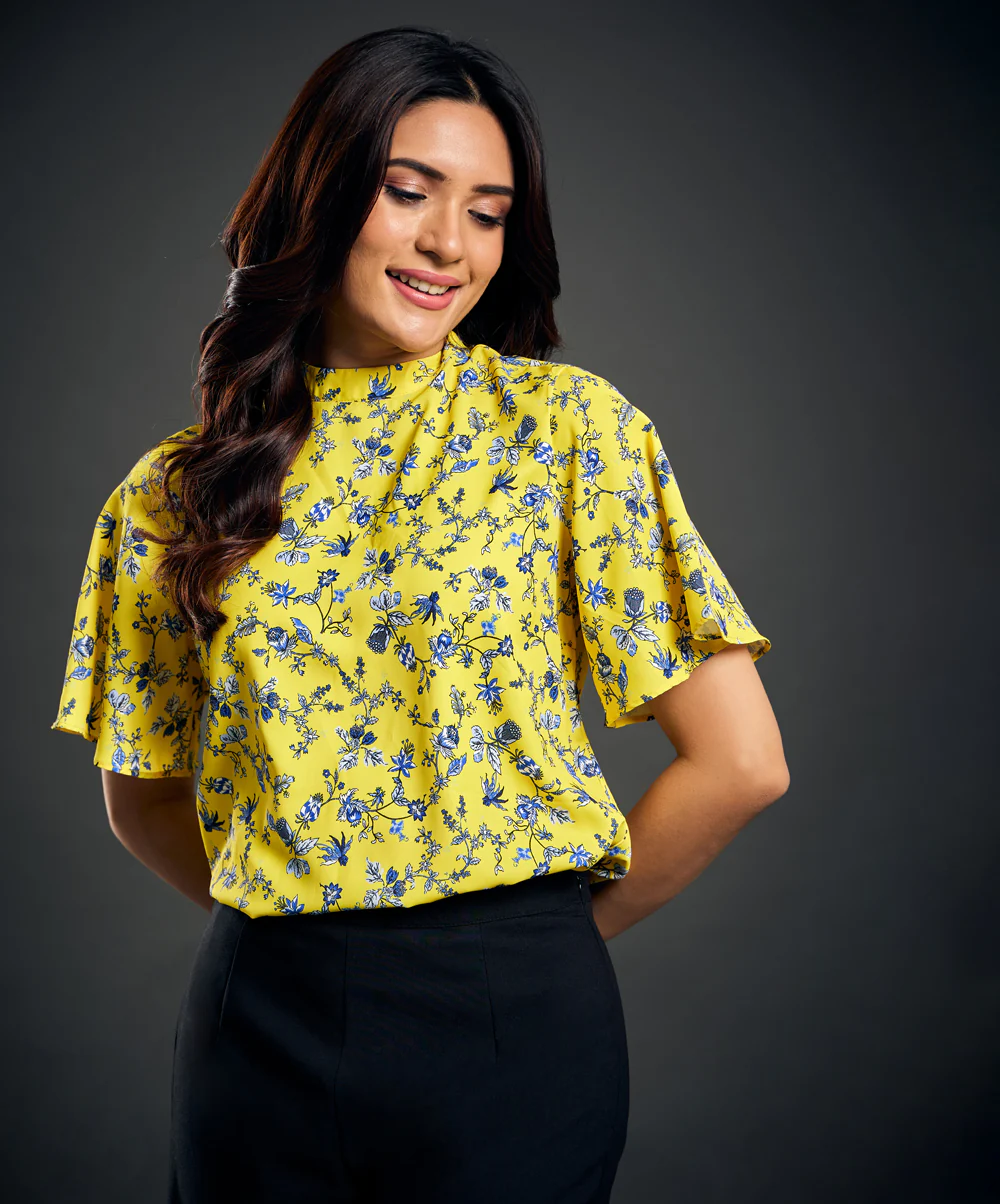 Flared Sleeve Yellow And Blue Top - Image 2