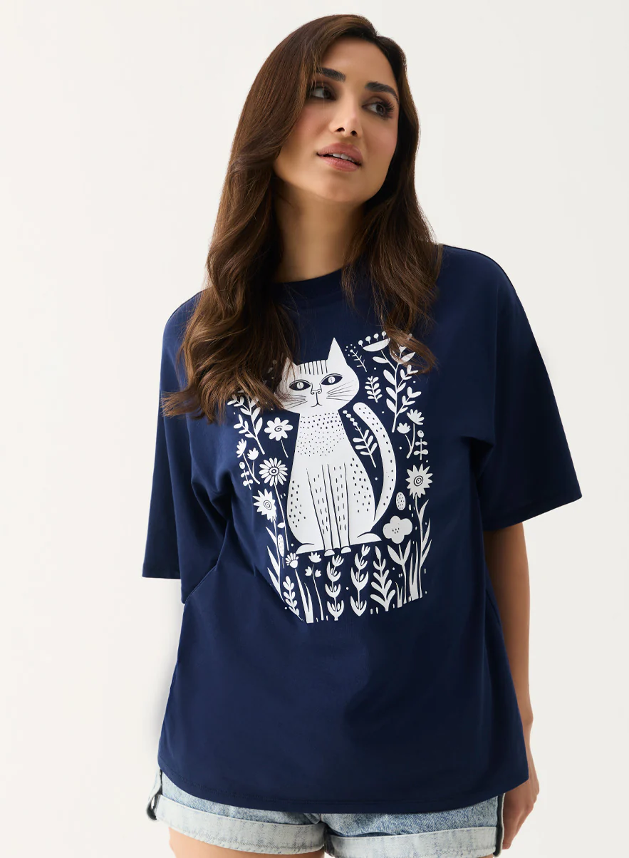Floral Cat Printed Oversized T-shirt - Image 2