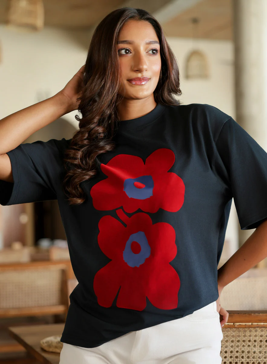 Floral Flock Printed Oversized Blue T-Shirt