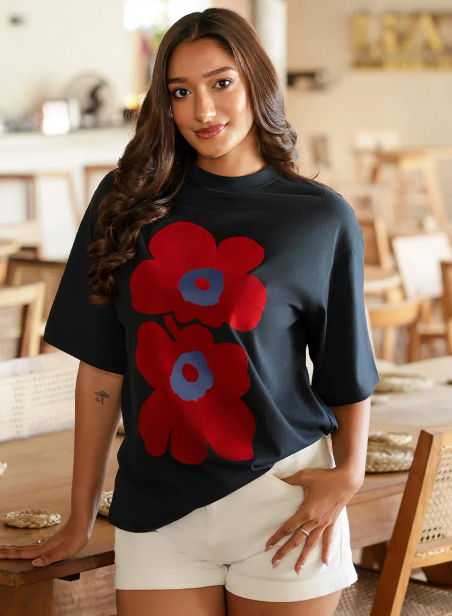 Floral Flock Printed Oversized Blue T-Shirt - Image 3