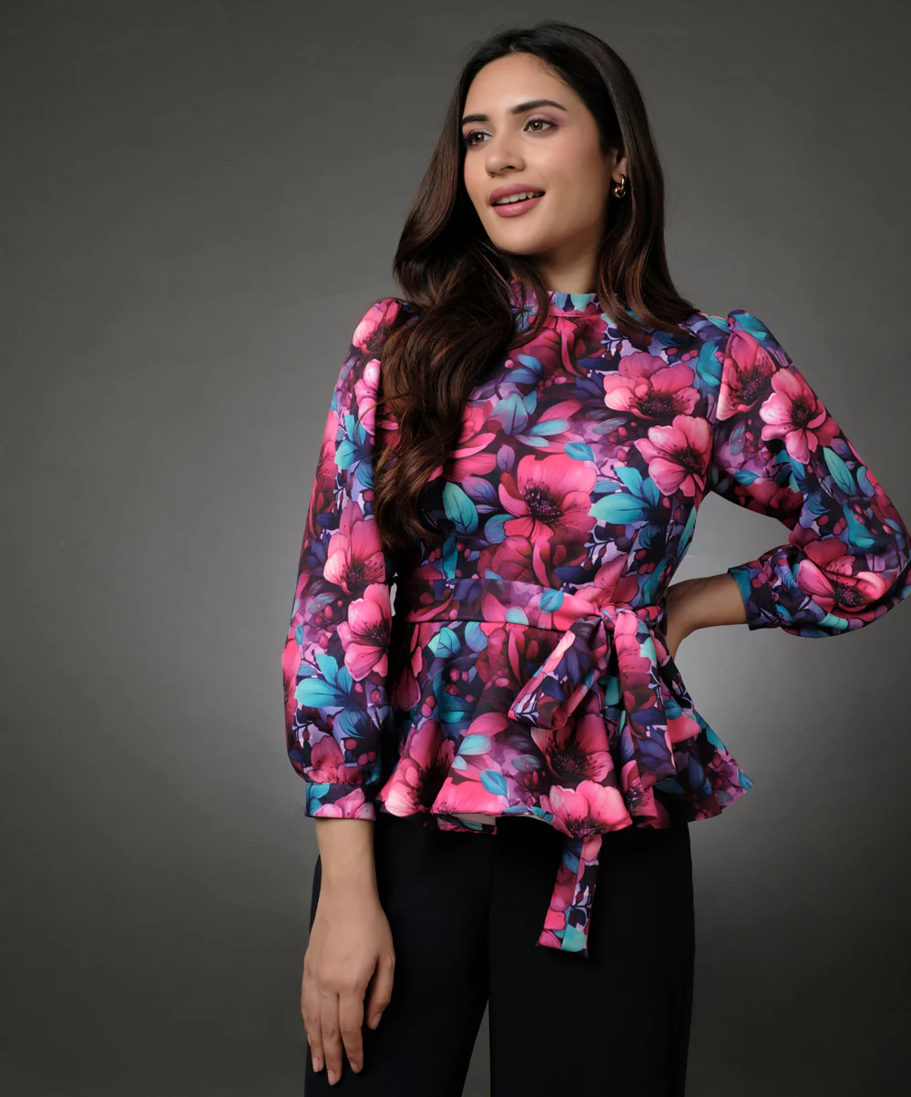 Floral Peplum Top With Puffed Sleeve - Image 2