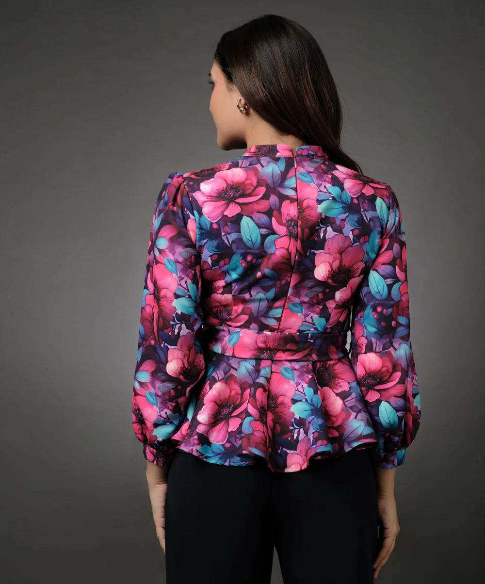 Floral Peplum Top With Puffed Sleeve - Image 5