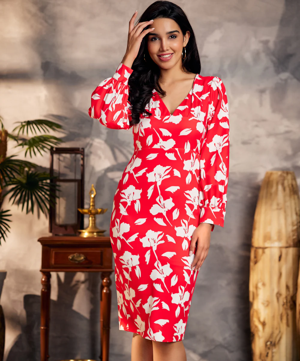 Floral Print Front Button Red Dress - Image 2