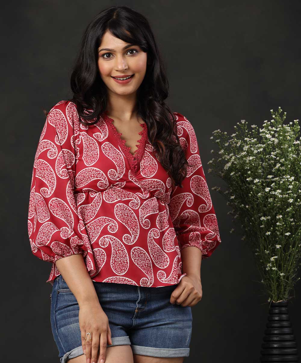 Floral Print Lace Trim Blouse