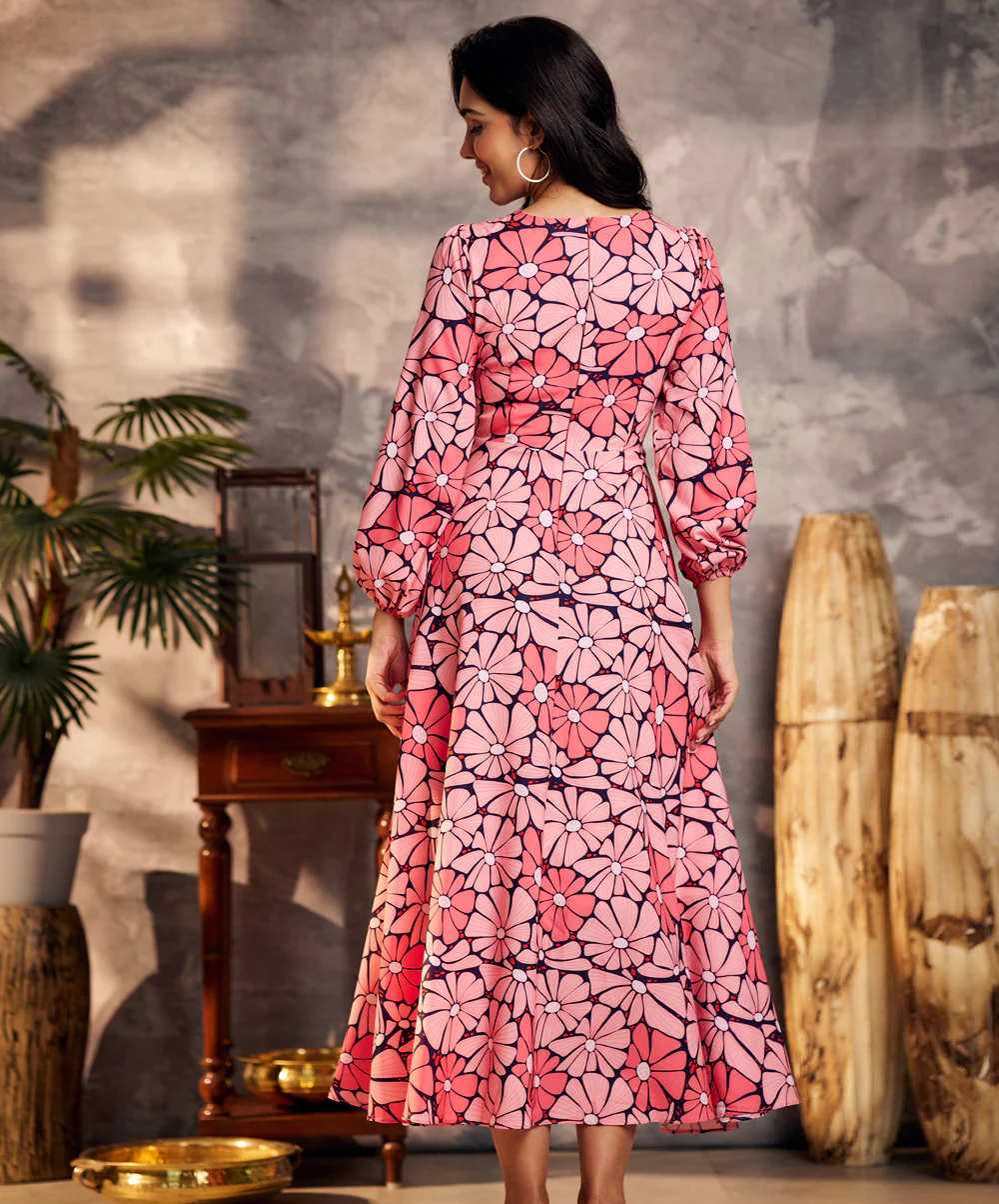 Floral Print Lantern Sleeve Pink Dress - Image 3