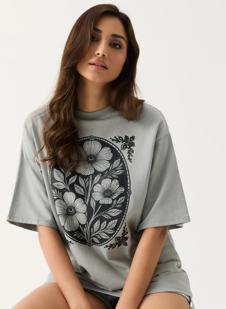 Floral Printed Grey Color T-shirt - Image 4