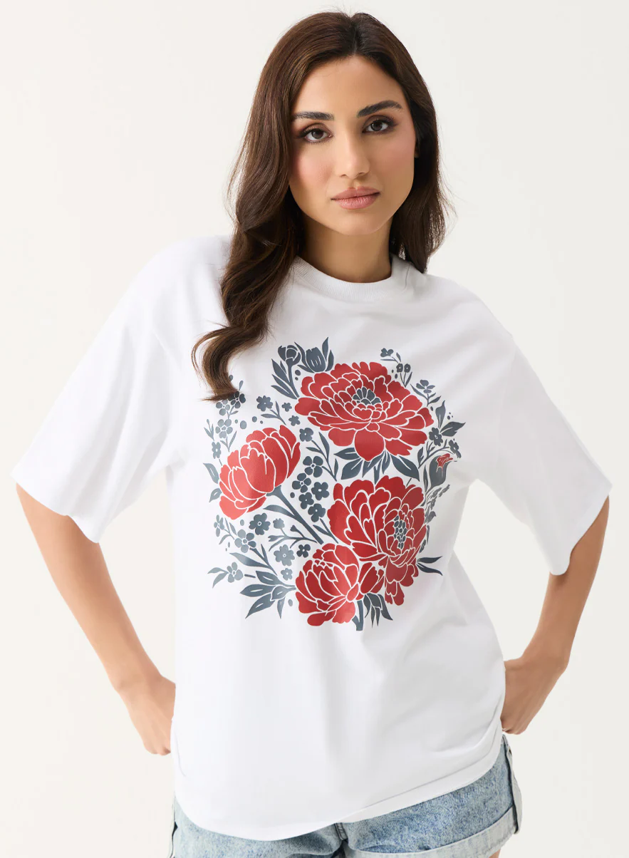 Floral Printed Oversized White T-shirt