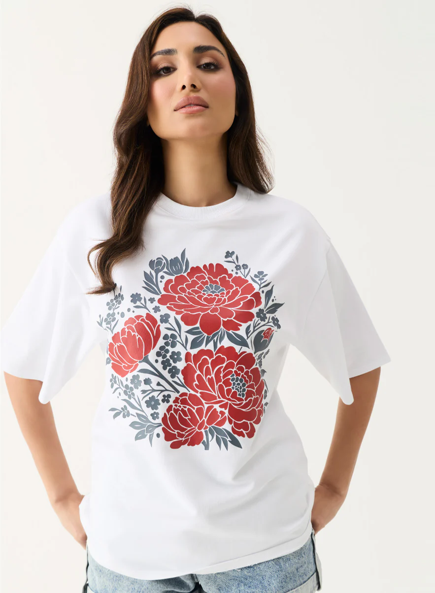 Floral Printed Oversized White T-shirt - Image 2
