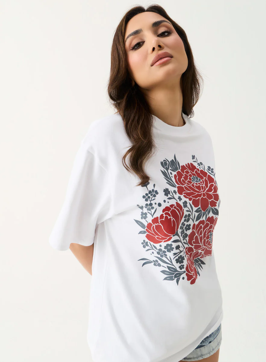 Floral Printed Oversized White T-shirt - Image 3