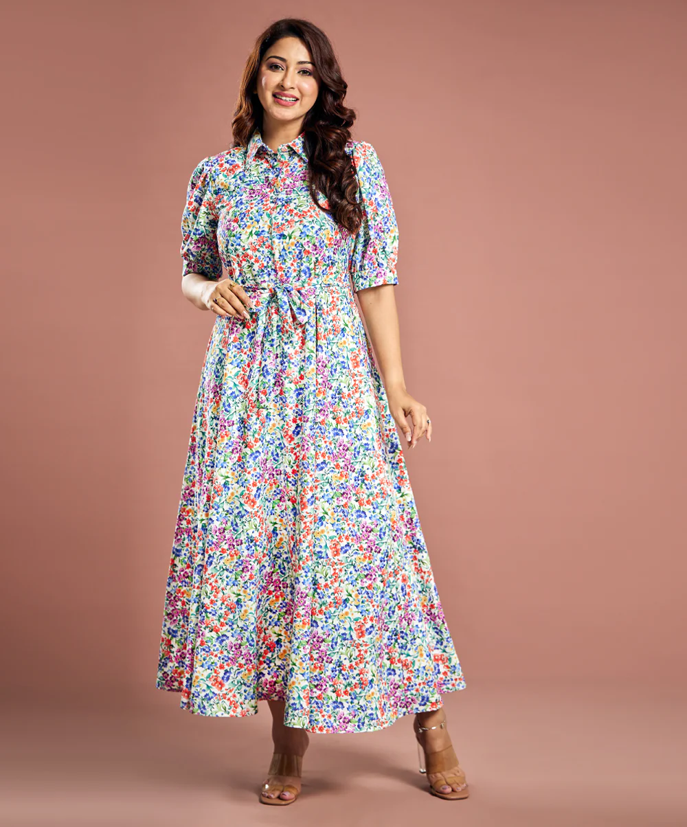 Floral Printed Short Sleeve Detailed Dress