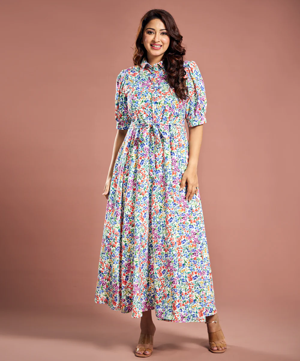 Floral Printed Short Sleeve Detailed Dress - Image 2