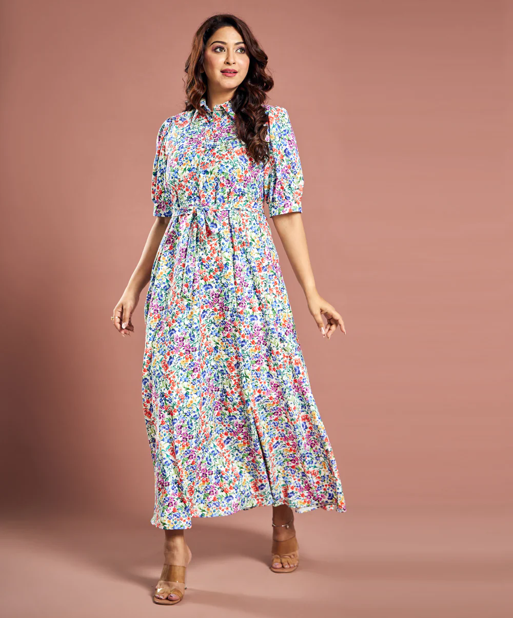 Floral Printed Short Sleeve Detailed Dress - Image 4