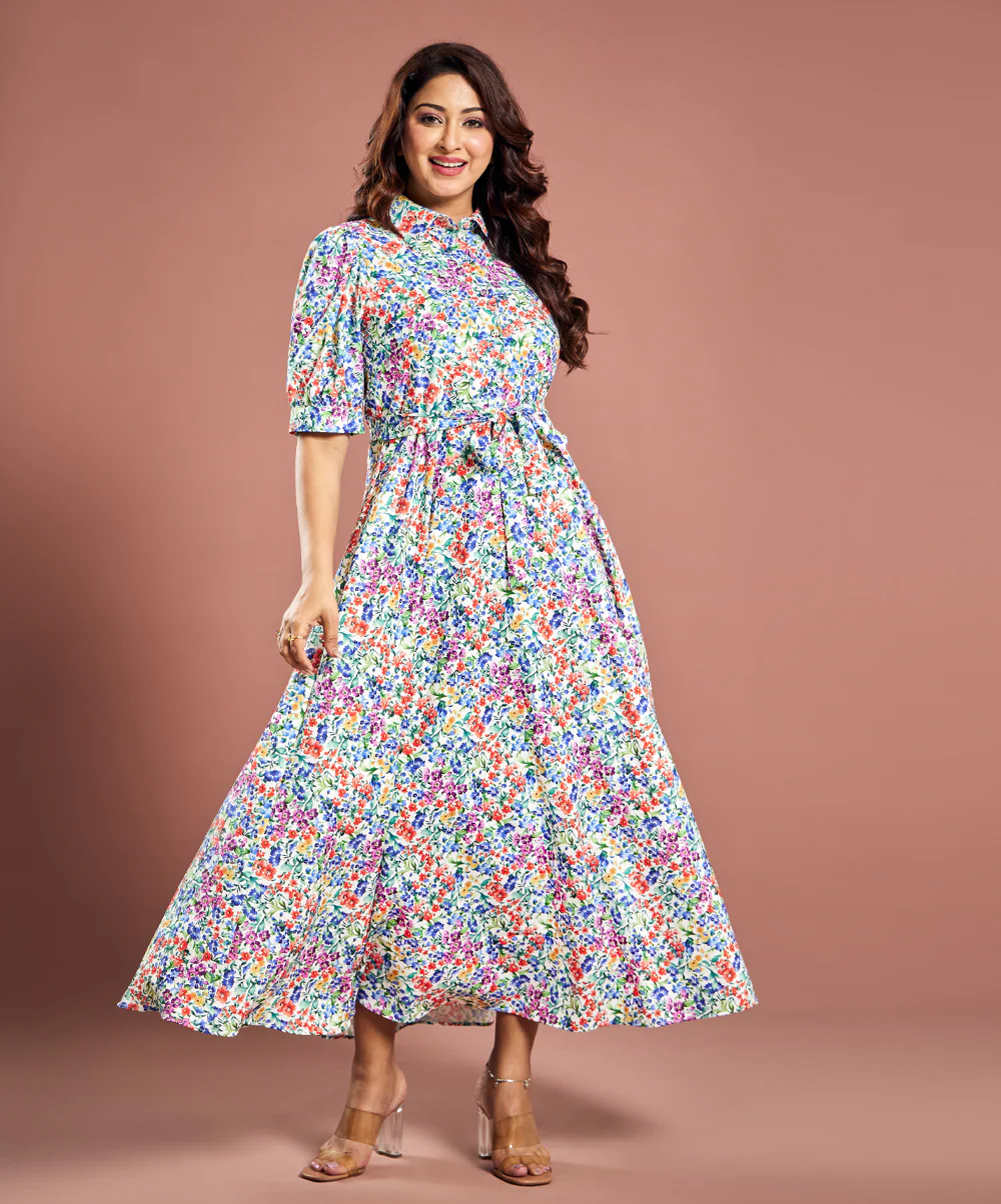 Floral Printed Short Sleeve Detailed Dress - Image 5