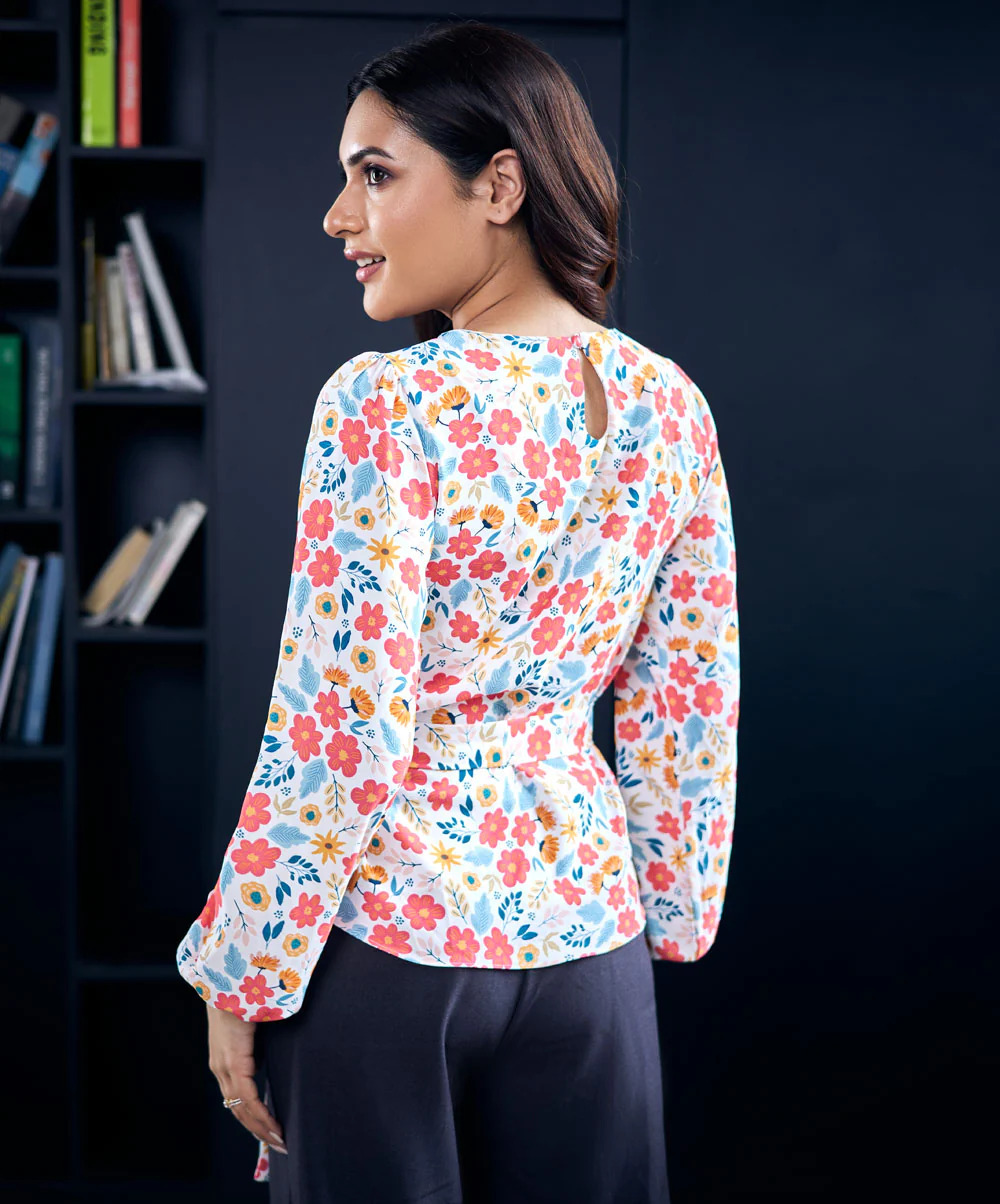 Floral Printed Waist Tie Chiffon Top - Image 4