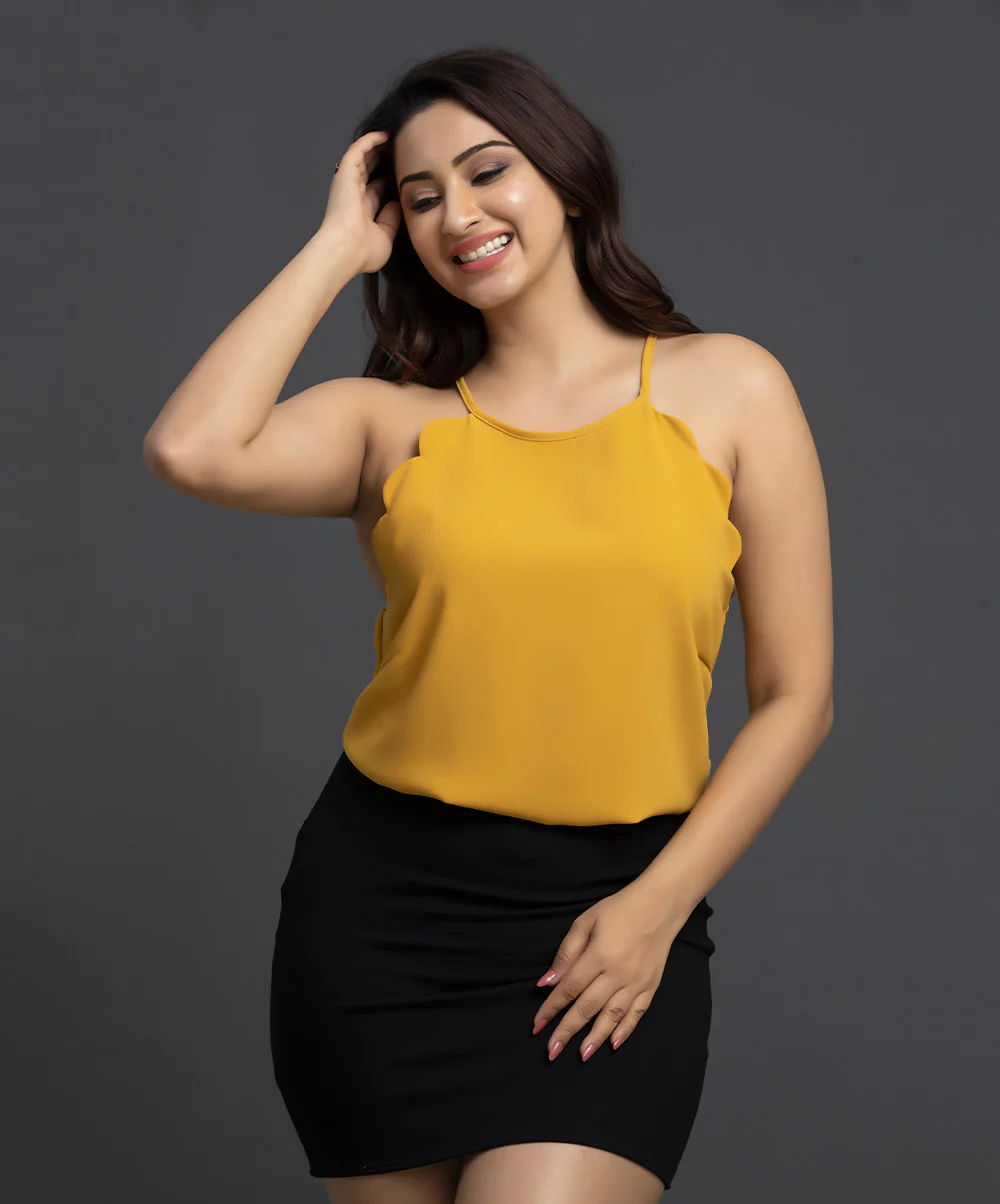 Frenchy Scallop Edge Halter Top-Mustard - Image 2
