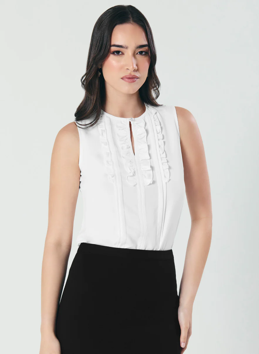 Frill And Pintuck Detailed Off-White Top - Image 3