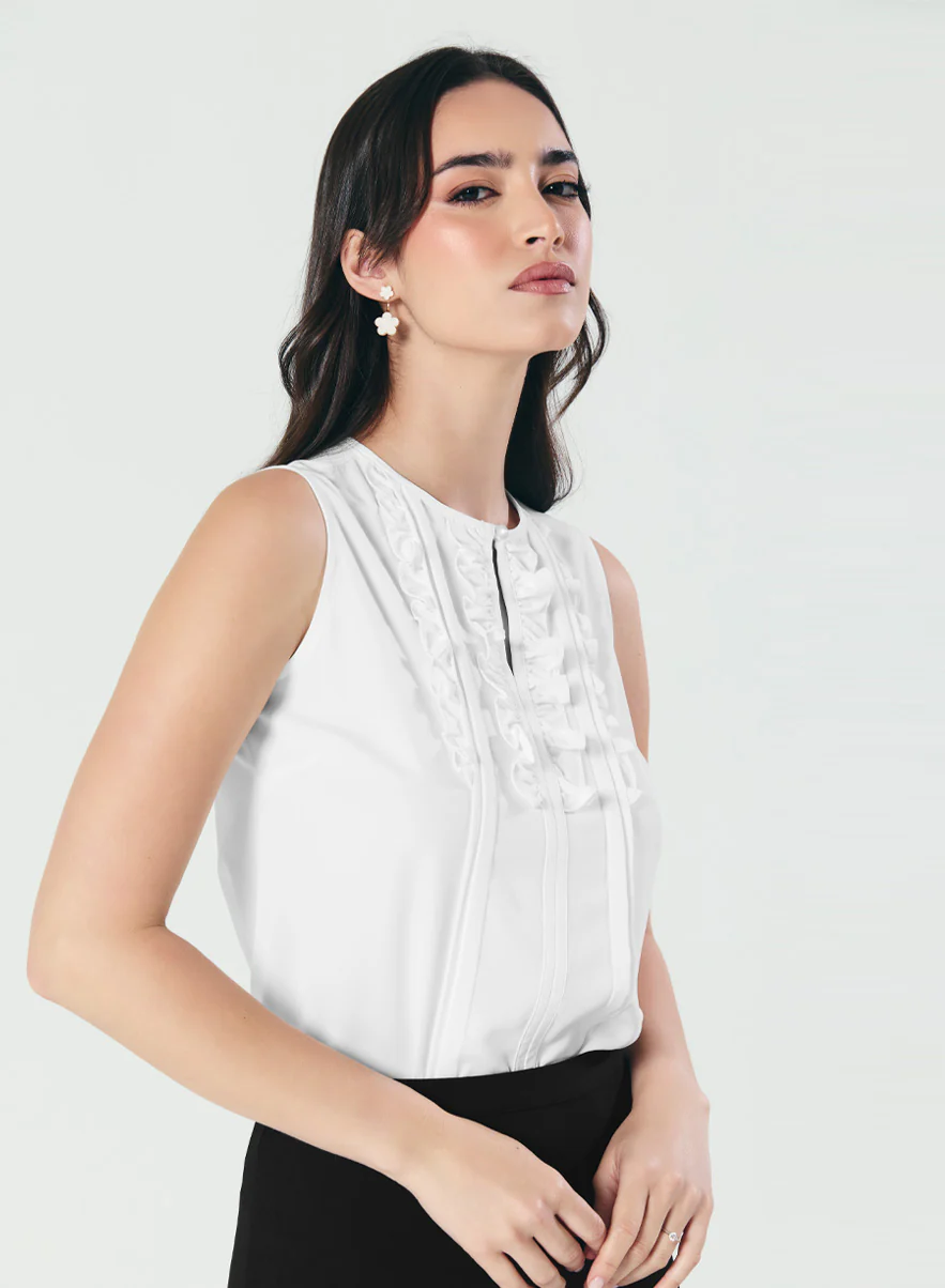 Frill And Pintuck Detailed Off-White Top - Image 5
