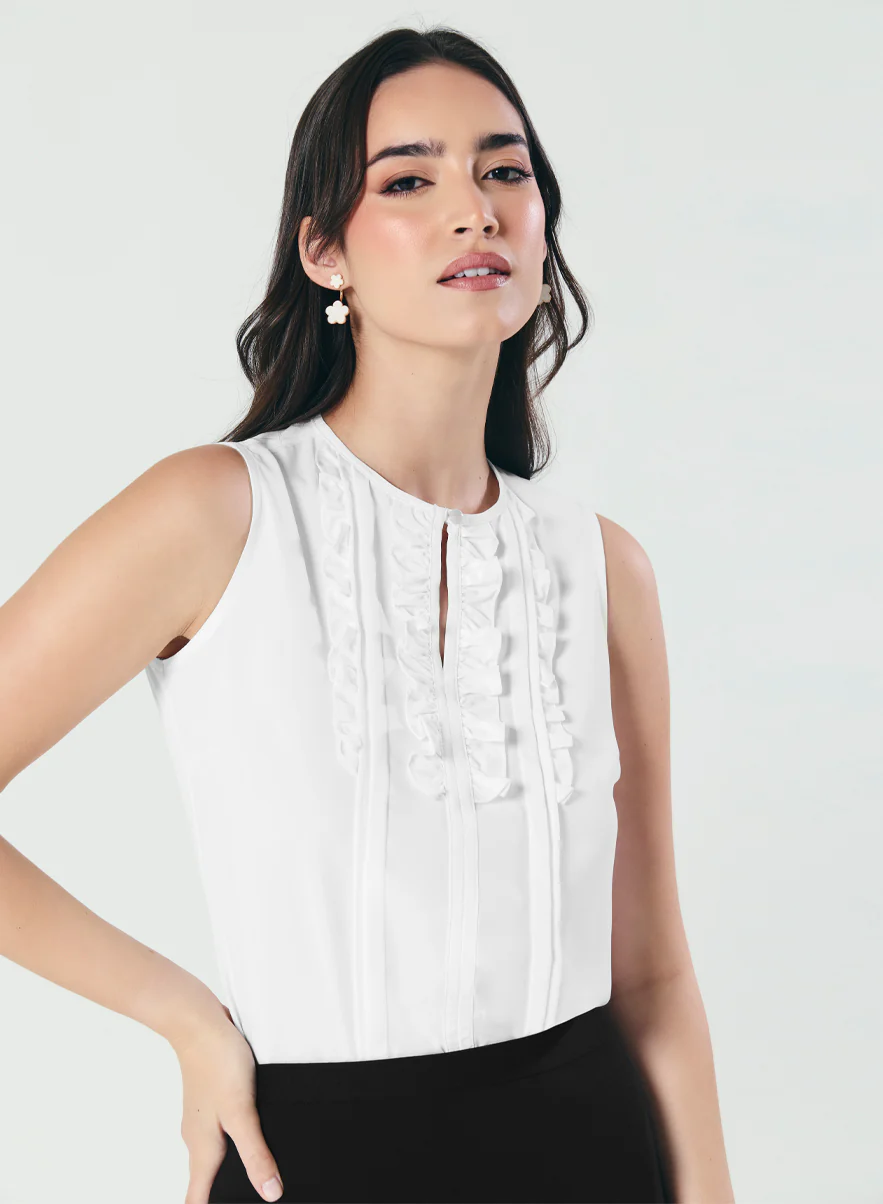 Frill And Pintuck Detailed Off-White Top - Image 8
