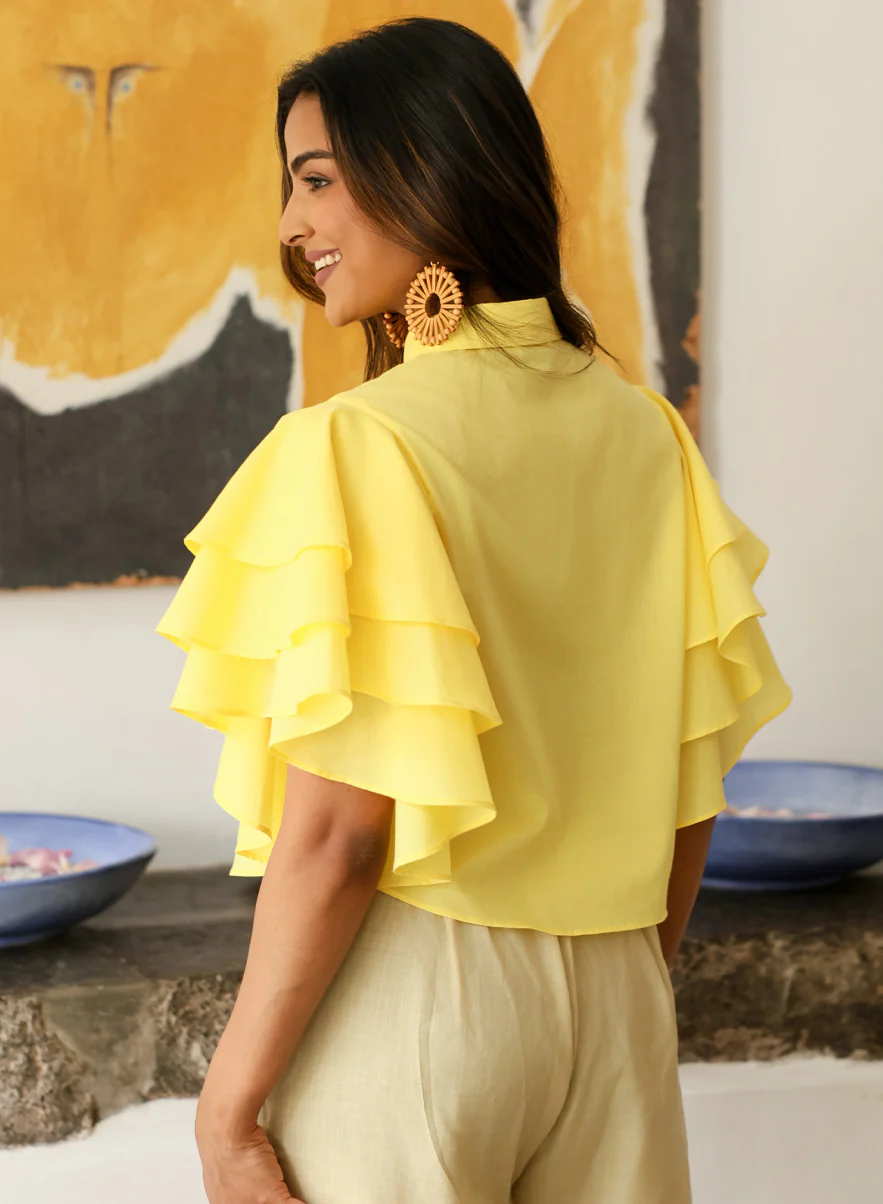 Frilled Cotton Shirt Top Yellow - Image 2