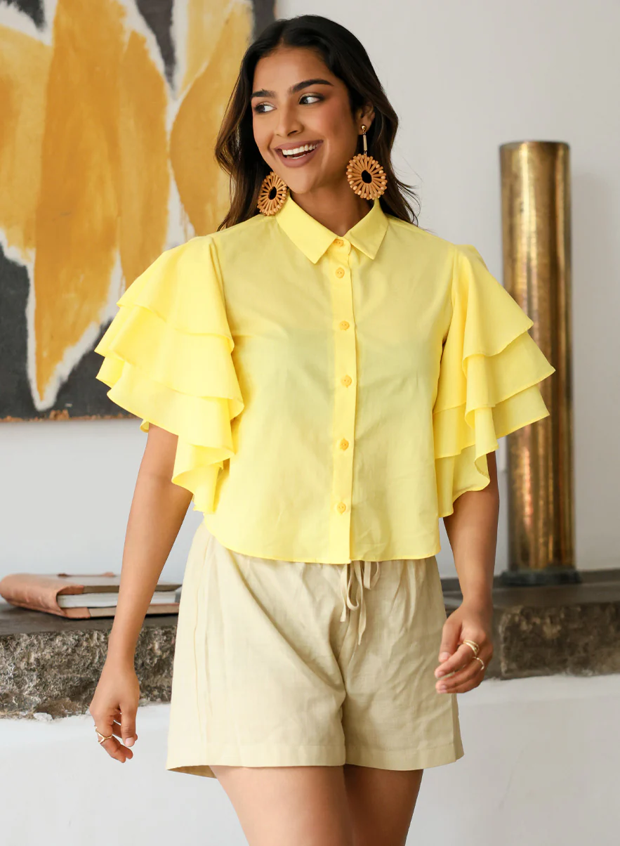 Frilled Cotton Shirt Top Yellow - Image 3