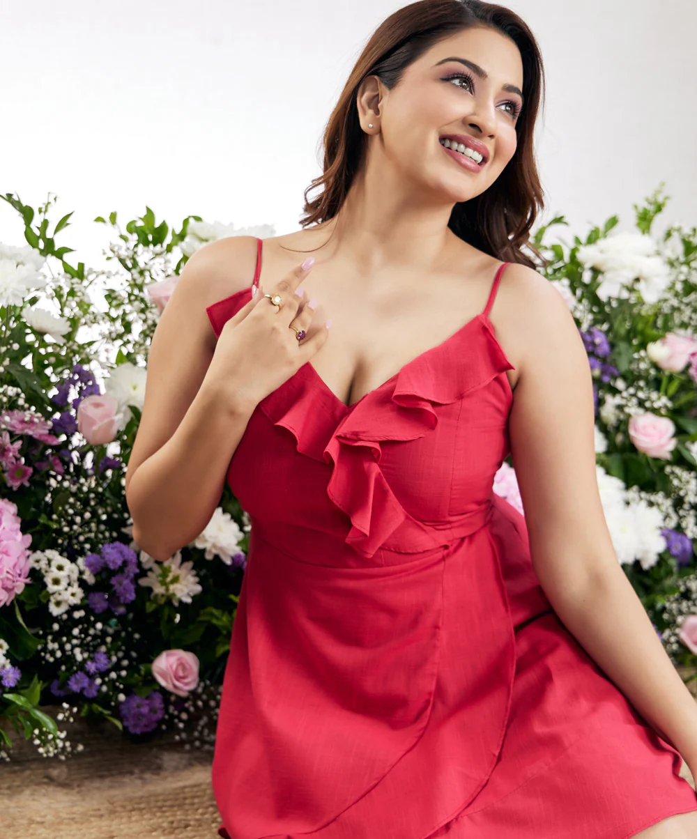 Frilled Deep Vneck Red Cotton Dress - Image 7