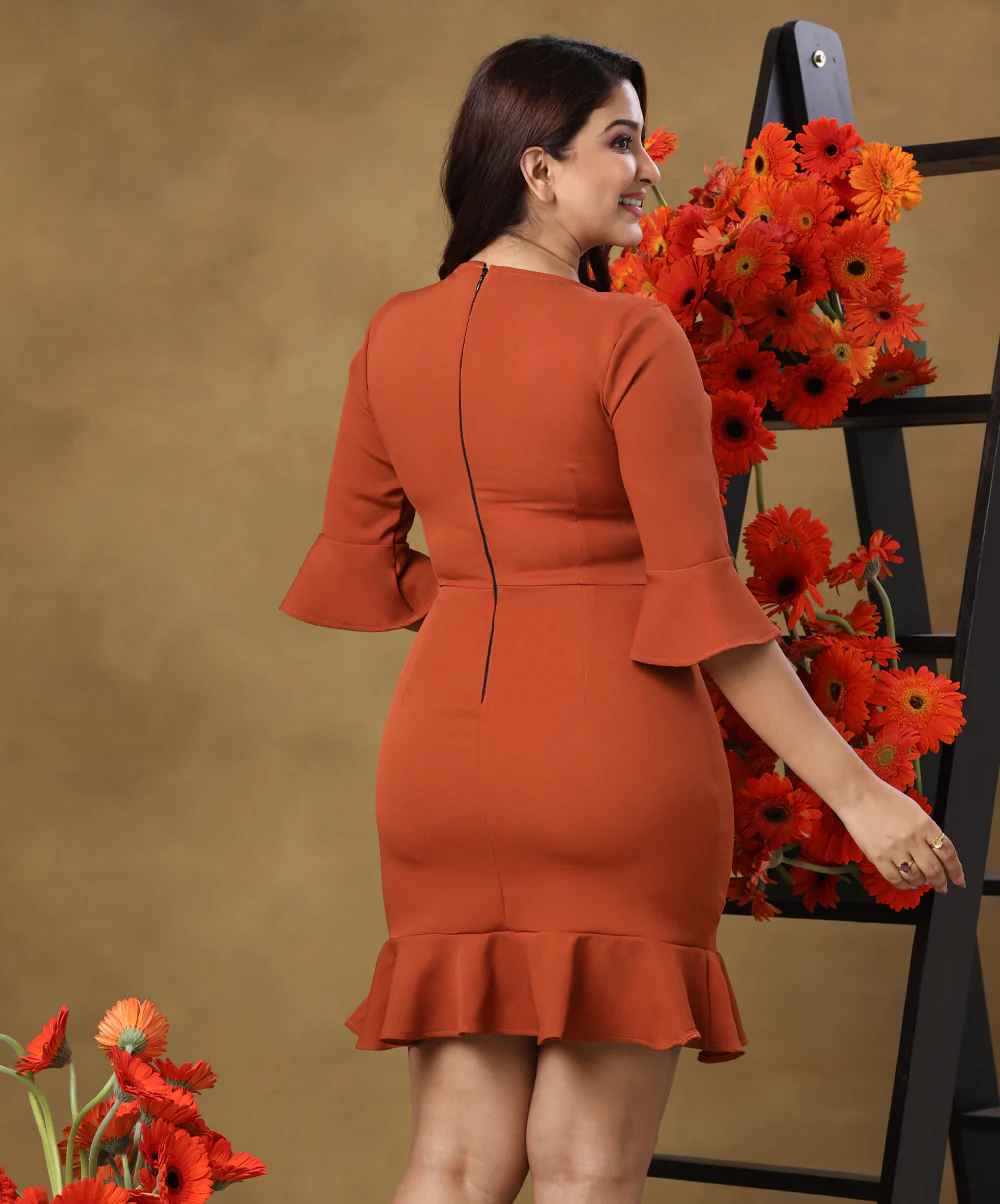 Frilled Half Sleeve Brown Mini Dress - Image 2