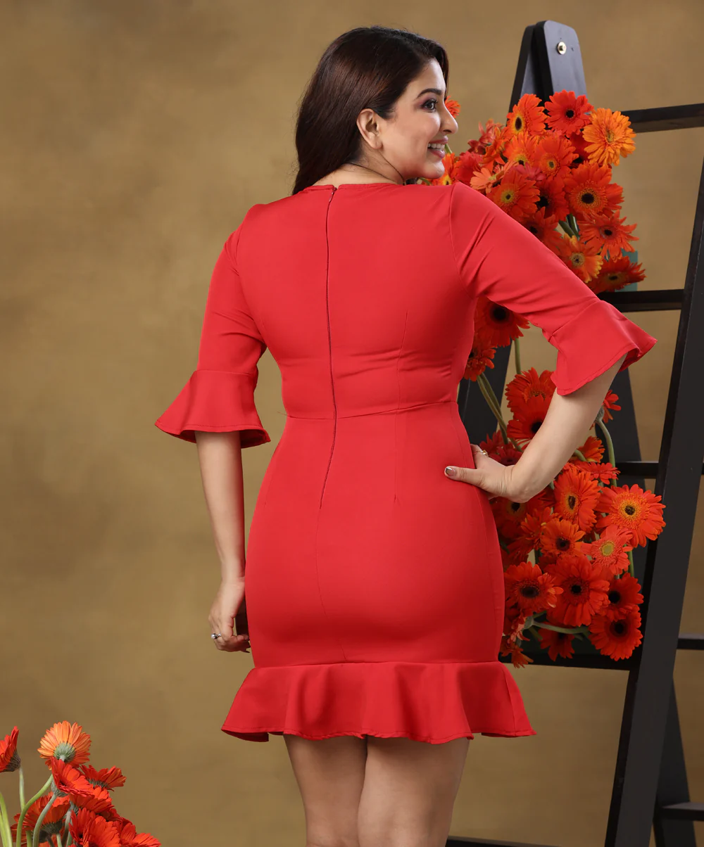 Frilled Half Sleeve Red Mini Dress - Image 2