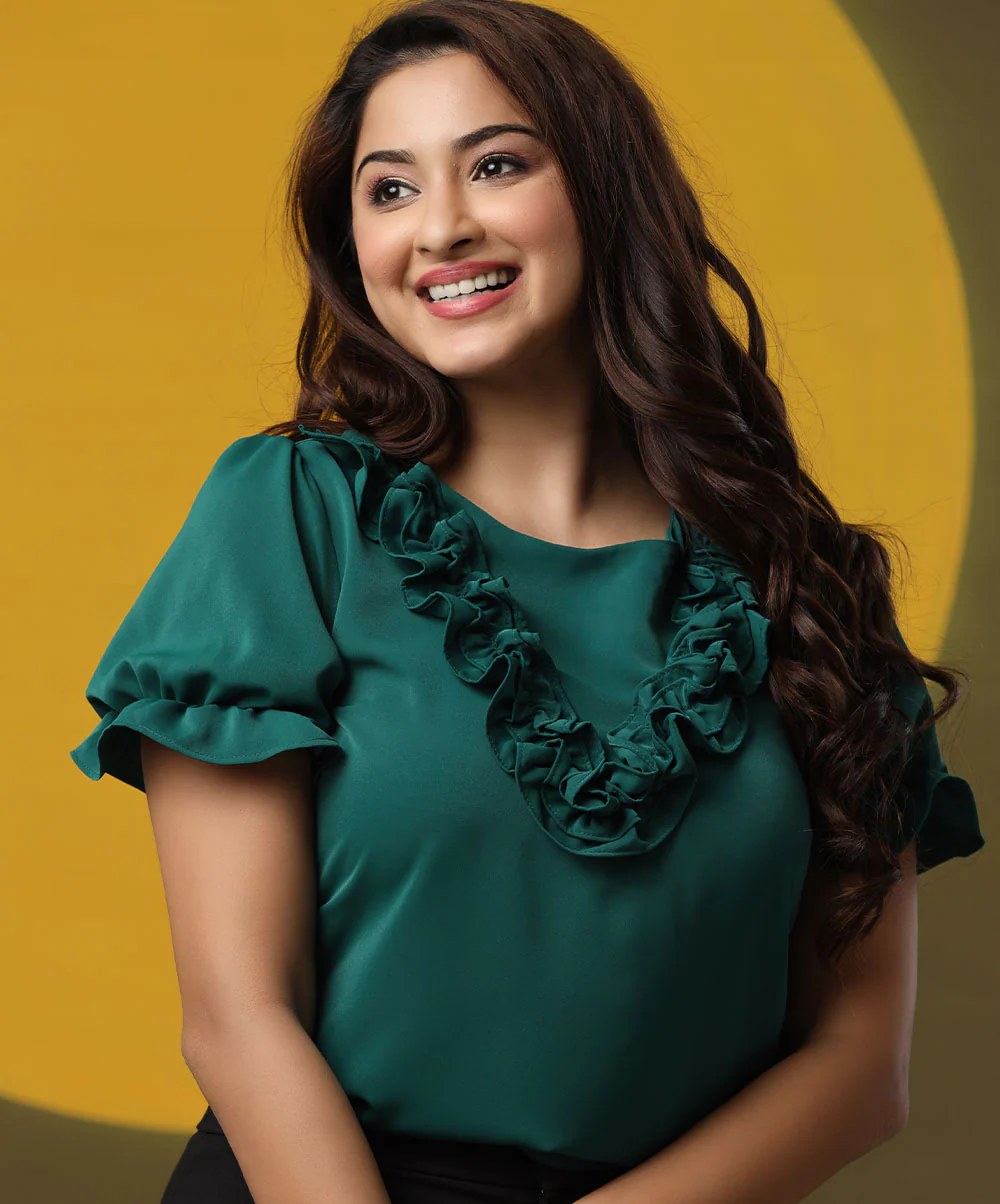 Frilled Vneck Solid Green Chiffon Top - Image 2