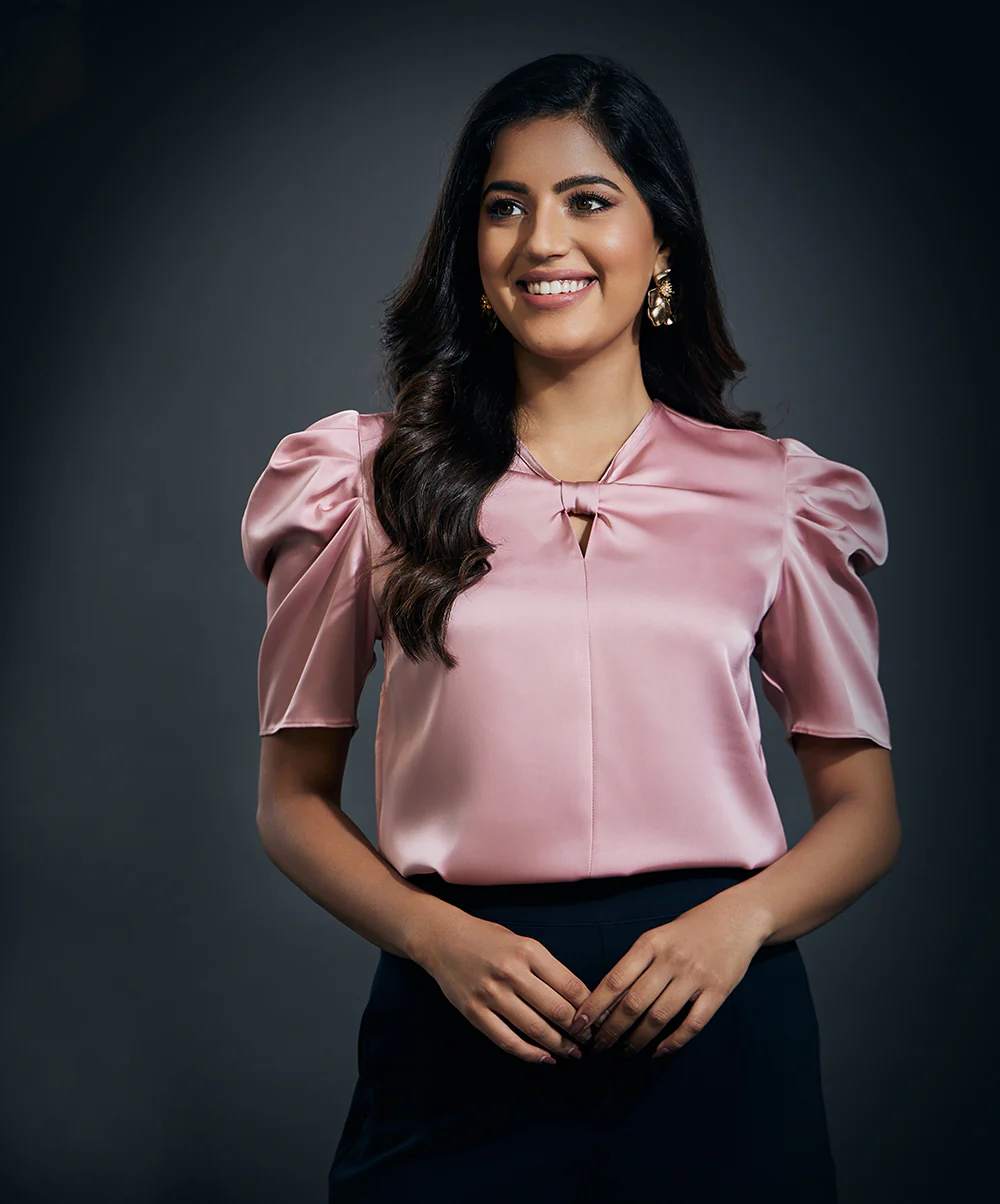 Front Bow Attached Pink Satin Top- Pink
