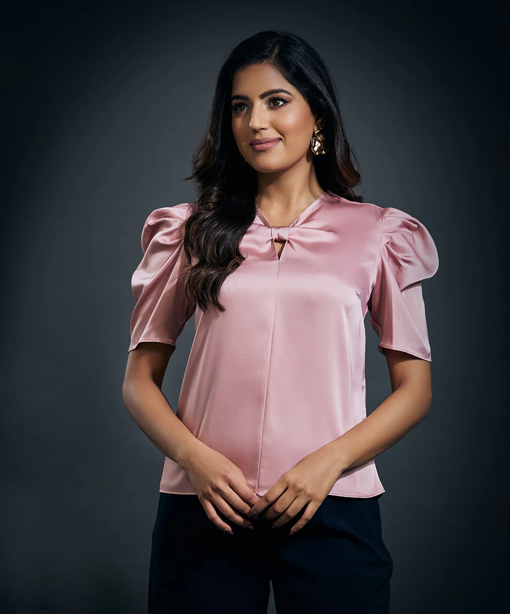 Front Bow Attached Pink Satin Top- Pink - Image 4