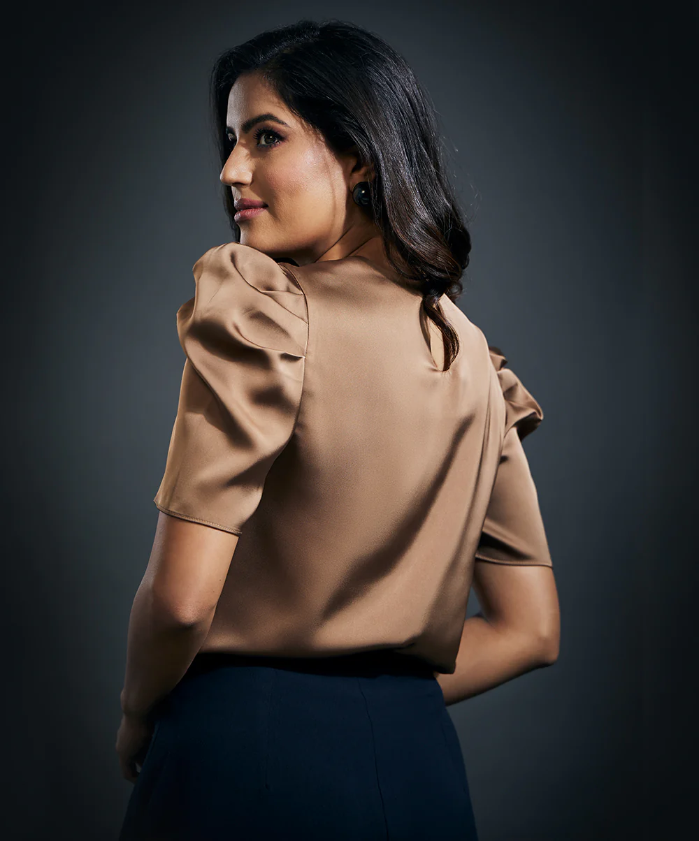 Front Bow Attached Pink Satin Top-Brown - Image 4