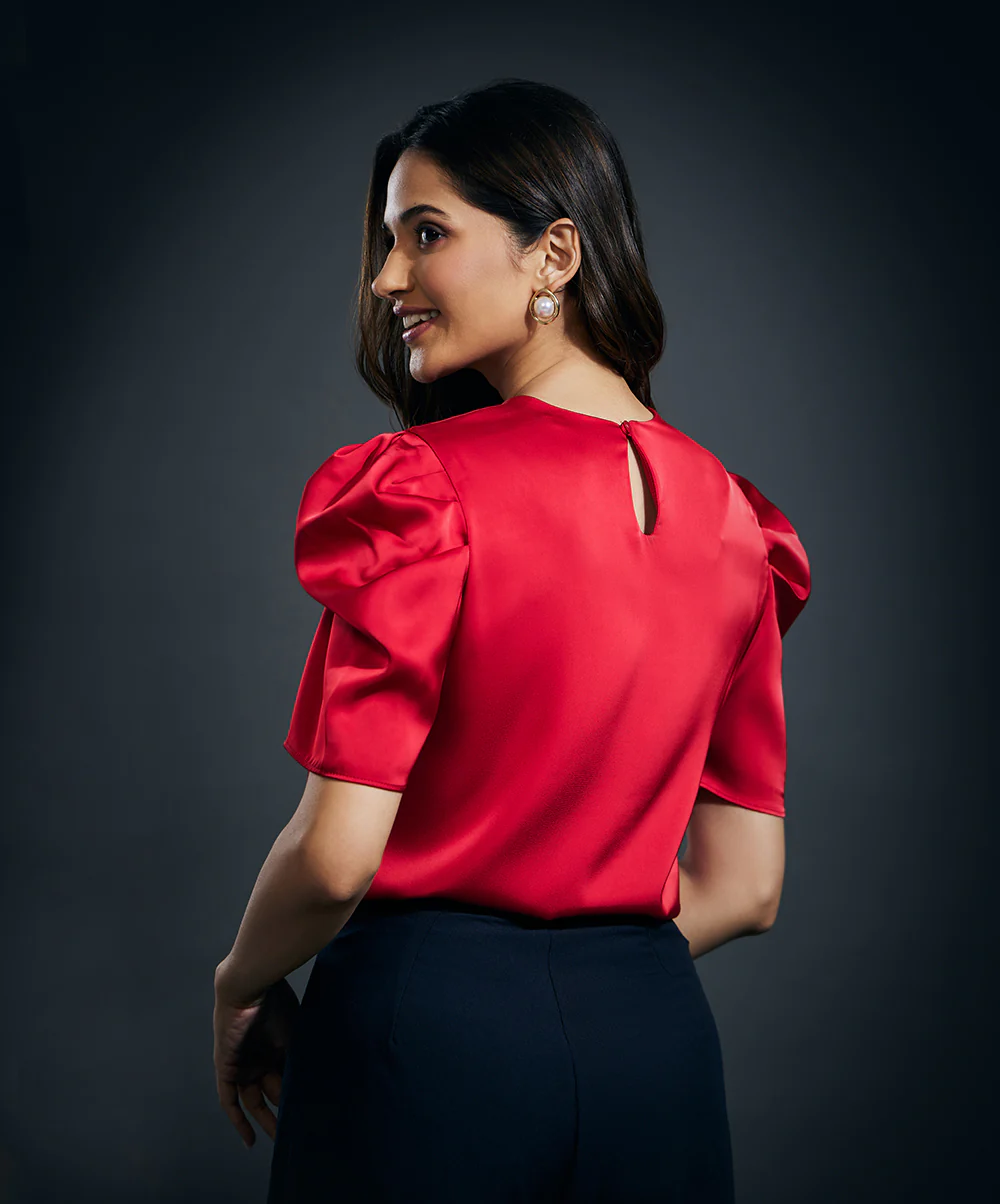 Front Bow Attached Pink Satin Top-Red - Image 5