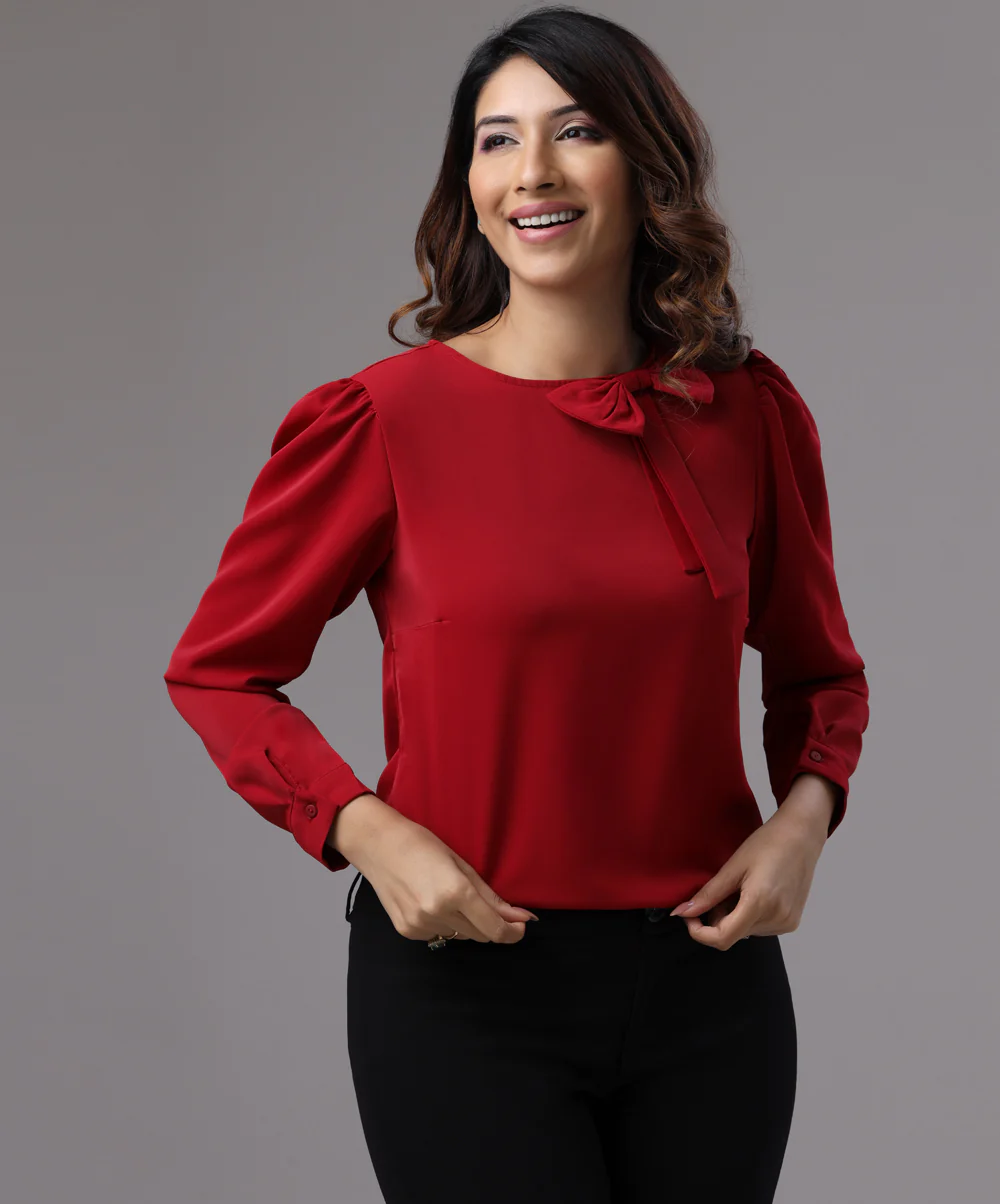 Front Bow Neck Detailed Red Top