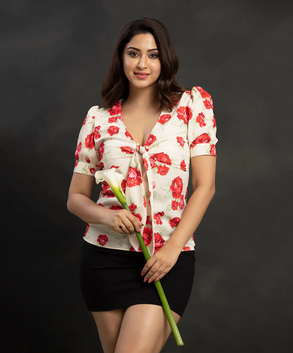 Front Bow Printed Vneck Gathered Top