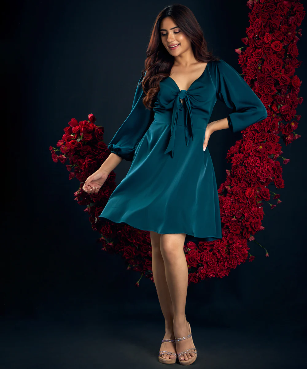 Front Bow Tie Green Satin Dress