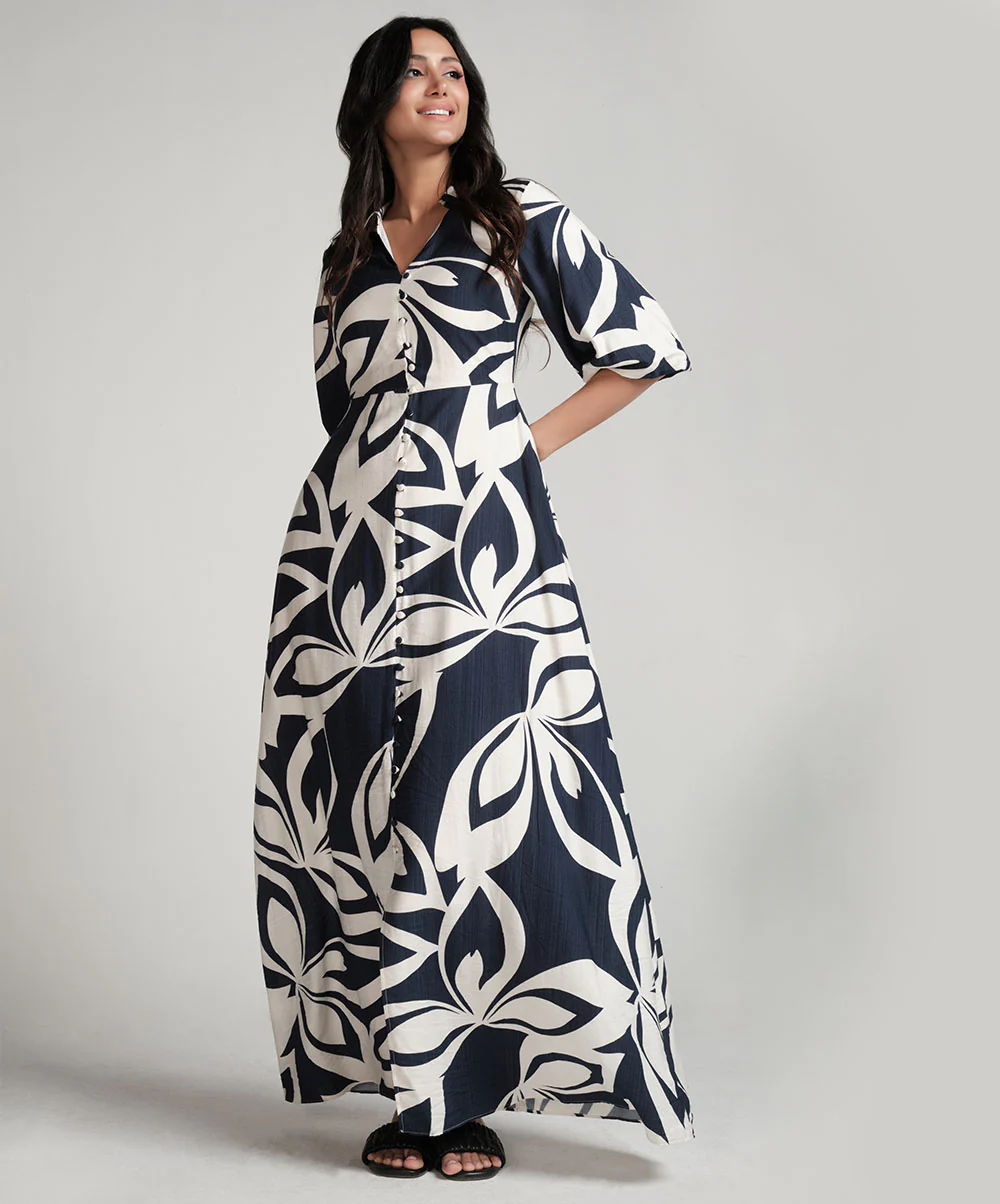 Front Buttoned Blue Printed Maxi Dress - Image 2