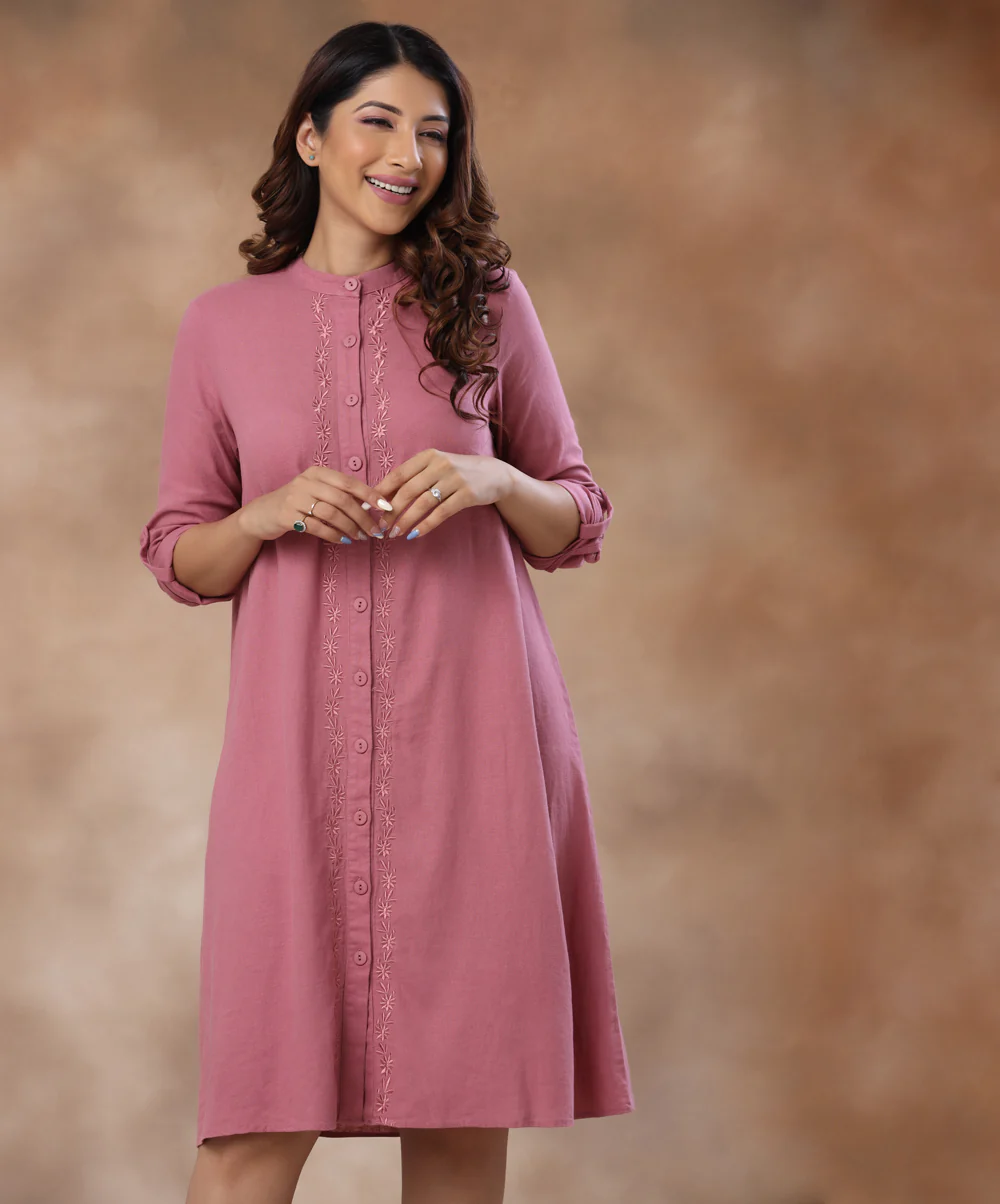 Front Buttoned Embroidered Shift Dress