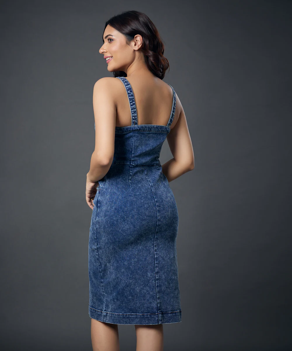 Front Buttoned Pinafore Denim Dress - Image 4