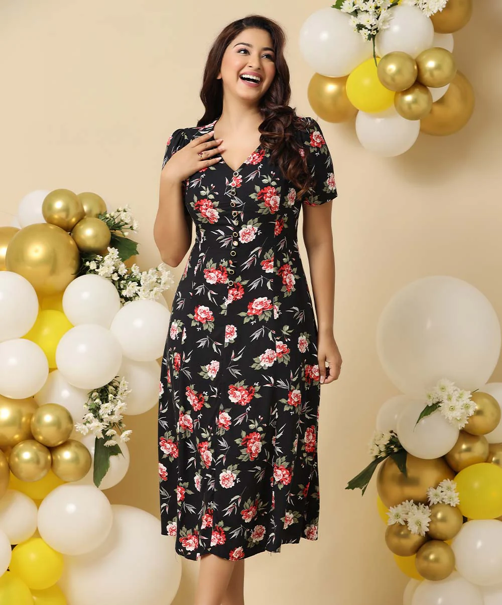 Front Buttoned Printed Midi Dress