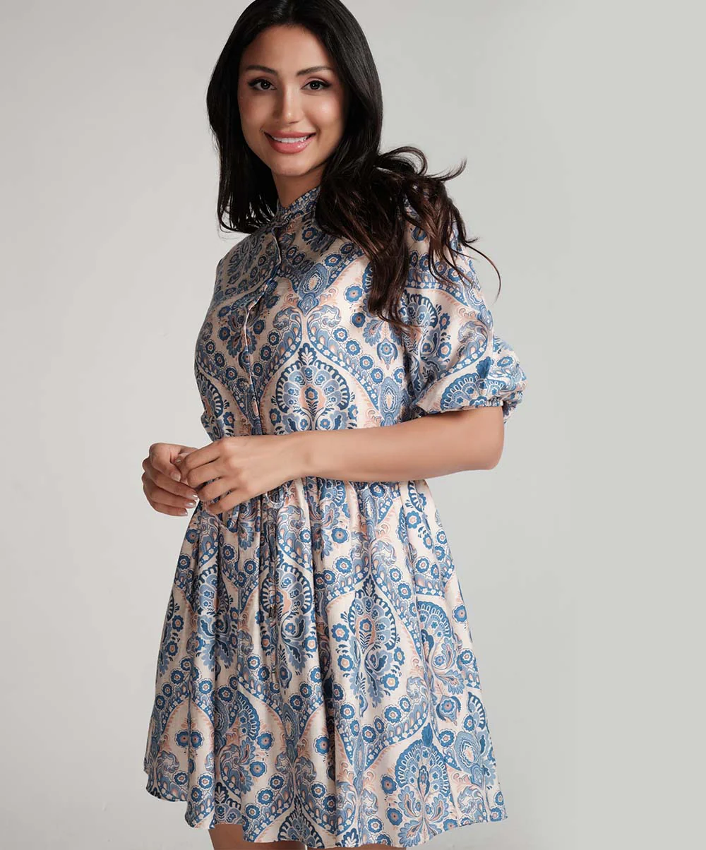 Front Buttoned Printed Mini Dress-Blue - Image 2