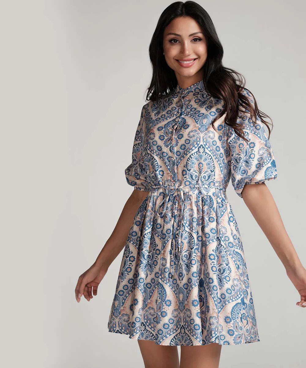 Front Buttoned Printed Mini Dress-Blue - Image 3