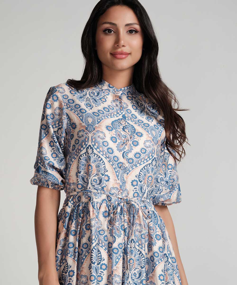 Front Buttoned Printed Mini Dress-Blue - Image 5