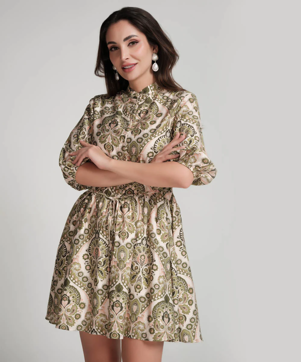 Front Buttoned Printed Mini Dress-Green - Image 5
